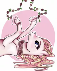 Size: 1080x1352 | Tagged: safe, alternate version, artist:pony_riart, derpibooru import, oc, unofficial characters only, nymph, pony, abstract background, bust, colored, eyelashes, flower necklace, glowing hooves, image, inktober 2020, jpeg, lying down, on back