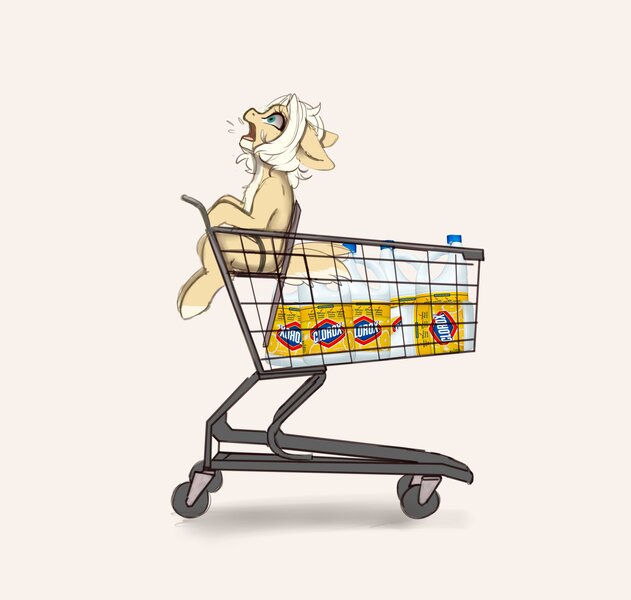 Size: 2257x2147 | Tagged: safe, artist:miokomata, derpibooru import, oc, oc:clay, unofficial characters only, earth pony, pony, bleach, clorox, female, floppy ears, image, jpeg, mare, open mouth, shopping cart, simple background, sitting, solo
