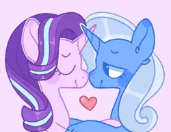 Size: 461x357 | Tagged: safe, artist:sun-rabbit-art, derpibooru import, starlight glimmer, trixie, pony, unicorn, eyes closed, female, heart, image, lesbian, mare, pink background, png, shipping, simple background, smiling, startrix