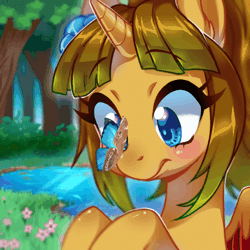 Size: 1200x1200 | Tagged: safe, artist:bluntmare, derpibooru import, oc, oc:princess silvanus, alicorn, butterfly, insect, alicorn oc, animated, blinking, blue eyes, blushing, butterfly on nose, flower, flower in hair, gif, horn, image, insect on nose, pond, surprised, this will end in boops, wings