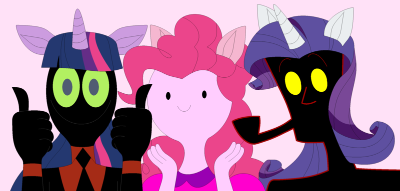 Size: 2492x1192 | Tagged: safe, derpibooru import, pinkie pie, rarity, twilight sparkle, alicorn, adventure time, cartoon network, codename kids next door, crossover, discovery family, ears, father (knd), female, horn, image, looking at you, male, nergal, nergal and princess bubblegum, pipe, png, princess bubblegum, the grim adventures of billy and mandy, thumbs up, twilight sparkle (alicorn), wig