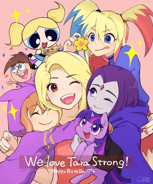 Size: 1704x2048 | Tagged: safe, artist:urucra, derpibooru import, twilight sparkle, human, pony, barbara gordon, birthday, bubbles (powerpuff girls), crown, cute, dc comics, dc superhero girls, flower, happy birthday, harley quinn, image, jewelry, jpeg, raven (teen titans), regalia, tara strong, teen titans, the fairly oddparents, the powerpuff girls, timmy turner, twiabetes, voice actor, voice actor joke