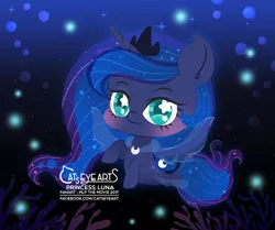 Size: 1866x1563 | Tagged: safe, artist:catseyeart, derpibooru import, princess luna, alicorn, pony, seapony (g4), 2017, blue eyes, blushing, bubble, chibi, clothes, crown, dorsal fin, female, fin wings, fish tail, flowing mane, flowing tail, horn, image, jewelry, jpeg, logo, looking at you, necklace, ocean, regalia, seaponified, seapony luna, smiling, solo, sparkles, species swap, tail, transparent, underwater, water, wings
