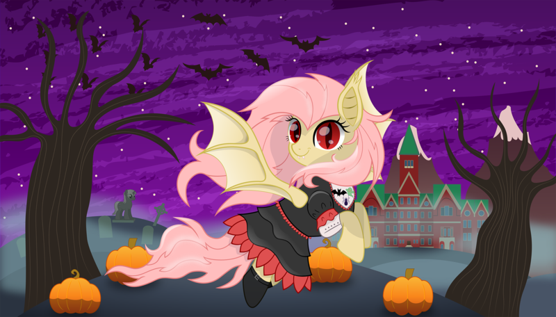 Size: 2195x1250 | Tagged: safe, artist:spellboundcanvas, derpibooru import, fluttershy, bat, bat pony, bat ponified, cemetery, clothes, dress, flutterbat, fog, gothic, grave, gravestone, graveyard, image, mist, mountain, nightmare night, png, pumpkin, race swap, solo, statue