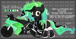 Size: 3555x1851 | Tagged: safe, alternate version, artist:bad_trip, derpibooru import, oc, oc:cardi ellison, unofficial characters only, earth pony, pony, bone, boots, clothes, female, image, jacket, leather jacket, mare, motorcycle, multicolored hair, open mouth, png, raised hoof, shirt, shoes, socks, solo, t-shirt