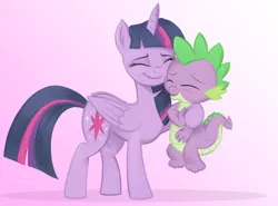 Size: 4180x3100 | Tagged: safe, artist:flutterstormreturns, derpibooru import, spike, twilight sparkle, twilight sparkle (alicorn), alicorn, dragon, pony, cute, duo, eyes closed, female, gradient background, high res, hug, image, male, mare, png, smiling, spikabetes, spikelove, twiabetes