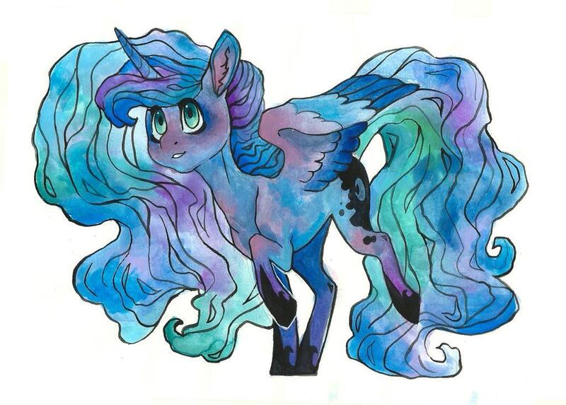 Size: 1024x733 | Tagged: safe, artist:twixyamber, derpibooru import, princess luna, alicorn, pony, female, image, jpeg, looking away, looking up, mare, raised hoof, raised leg, simple background, solo, spread wings, three quarter view, traditional art, white background, wings