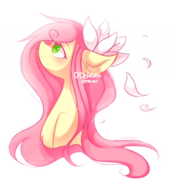 Size: 696x733 | Tagged: safe, artist:dddreamdraw, derpibooru import, fluttershy, pegasus, pony, blushing, bust, ear fluff, female, floppy ears, flower, flower in hair, flower petals, image, looking up, mare, no pupils, png, profile, side view, simple background, solo, white background