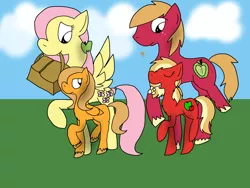 Size: 4000x3000 | Tagged: safe, artist:stormthepony, derpibooru import, big macintosh, fluttershy, oc, oc:honeycrisp, oc:monarch butterfly, earth pony, pegasus, pony, basket, earth pony oc, family, female, filly, flower, fluttermac, freckles, grass, image, male, mare, offspring, parent:big macintosh, parent:fluttershy, parents:fluttermac, pegasus oc, picnic basket, png, shipping, siblings, sisters, stallion, straight, wings