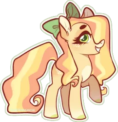 Size: 999x1031 | Tagged: safe, artist:pandemiamichi, derpibooru import, oc, earth pony, pony, bow, female, hair bow, image, magical lesbian spawn, mare, offspring, parent:applejack, parent:fluttershy, parents:appleshy, png, raised hoof, simple background, solo, transparent background