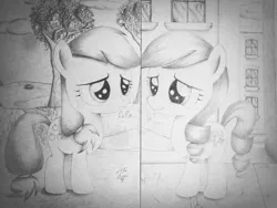 Size: 1024x769 | Tagged: safe, artist:theasce, derpibooru import, applejack, coloratura, pony, the mane attraction, apple, apple tree, black and white, female, filly, food, grayscale, image, jpeg, monochrome, traditional art, tree, younger