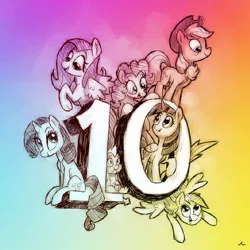 Size: 2100x2100 | Tagged: safe, artist:docwario, derpibooru import, applejack, fluttershy, pinkie pie, rainbow dash, rarity, spike, twilight sparkle, twilight sparkle (alicorn), alicorn, dragon, earth pony, pegasus, pony, unicorn, female, happy birthday mlp:fim, high res, image, jacktober, male, mane seven, mane six, mare, mlp fim's tenth anniversary, png, sitting