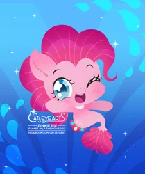 Size: 1563x1866 | Tagged: safe, artist:catseyeart, derpibooru import, pinkie pie, earth pony, pony, seapony (g4), 2017, blue eyes, blushing, bubble, chibi, dorsal fin, female, fish tail, flowing mane, flowing tail, image, jewelry, jpeg, logo, looking at you, necklace, ocean, one eye closed, open mouth, seaponified, seapony pinkie pie, smiling, solo, sparkles, species swap, starry eyes, tail, underwater, water, wingding eyes, wink