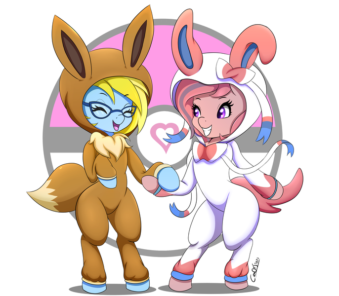 Size: 1750x1531 | Tagged: safe, artist:canister, derpibooru import, oc, oc:cloud cuddler, oc:sweet haze, unofficial characters only, earth pony, eevee, pegasus, pony, sylveon, clothes, costume, crossover, earth pony oc, eyes closed, female, glasses, heart, holding hooves, hoof hold, image, kigurumi, male, onesie, pegasus oc, png, pokéball, pokémon, smiling, wings