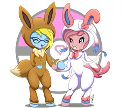 Size: 1750x1531 | Tagged: safe, artist:canister, derpibooru import, oc, oc:cloud cuddler, oc:sweet haze, unofficial characters only, earth pony, eevee, pegasus, pony, sylveon, clothes, costume, crossover, earth pony oc, eyes closed, female, glasses, heart, holding hooves, hoof hold, image, kigurumi, male, onesie, pegasus oc, png, pokéball, pokémon, smiling, wings