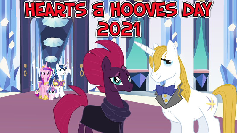 Size: 2064x1161 | Tagged: safe, anonymous artist, derpibooru import, prince blueblood, princess cadance, princess flurry heart, shining armor, tempest shadow, alicorn, pony, unicorn, 2021, berryblood, crystal empire, female, hallway, hearts and hooves day, holiday, image, looking at you, male, png, princess of love, princess of shipping, royal family, shiningcadance, shipper on deck, shipping, smiling, straight, valentine's day, youtube link in the description