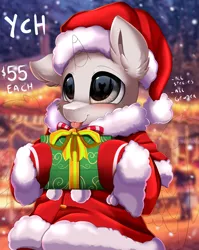 Size: 1280x1611 | Tagged: safe, artist:pridark, derpibooru import, part of a set, oc, unofficial characters only, pony, :p, christmas, clothes, commission, costume, cute, gift wrapped, hat, holding, holiday, image, jpeg, santa costume, santa hat, solo, tongue out, ych example, ych sketch, your character here