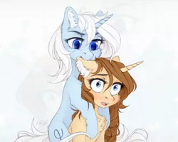 Size: 2500x2000 | Tagged: safe, artist:vird-gi, derpibooru import, oc, oc:eula phi, oc:vird-gi, oc:virginia, unofficial characters only, pony, unicorn, biting, chest fluff, cute, cute little fangs, ear bite, fangs, image, jpeg, nom, surprised