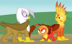 Size: 3519x2182 | Tagged: safe, artist:porygon2z, derpibooru import, gilda, oc, oc:blaze, oc:heatwave, gryphon, butt, female, image, plot, png