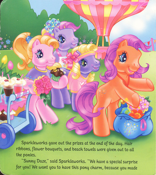 Size: 1280x1432 | Tagged: safe, artist:heckyeahponyscans, artist:lyn fletcher, derpibooru import, official, cupcake (g3), daisyjo, sparkleworks, triple treat, pony, apron, bag, bipedal, bouquet, bouquet of flowers, cart, clothes, cupcake, cupcake in hoof, drink, eating, flower, flower in hair, food, g3, hair ribbon, headband, heart, hot air balloon, image, jewelry, jpeg, necklace, pony field day, ponytail, ribbon, scan, scrunchie, soda, stopwatch, straw, t-shirts, towel, tulip, watch