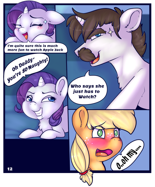 Size: 1632x1965 | Tagged: questionable, artist:lildooks, derpibooru import, applejack, hondo flanks, rarity, earth pony, pony, comic:movie night, age difference, and that's how sweetie belle was made, anus, blushing, comic, father and child, father and daughter, female, filly, filly applejack, filly rarity, foalcon, image, incest, infidelity, male, nudity, png, raricest, rariflanks, sex, stallion, stallion on filly, straight, underage, unshorn fetlocks, younger