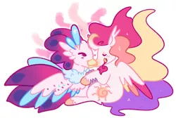 Size: 1024x690 | Tagged: safe, artist:babypaste, derpibooru import, princess celestia, queen novo, alicorn, classical hippogriff, hippogriff, pony, my little pony: the movie, curved horn, female, horn, image, jpeg, lesbian, mare, novolestia, redesign, shipping, simple background, white background
