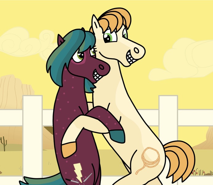 Size: 1769x1536 | Tagged: safe, artist:kindheart525, derpibooru import, oc, oc:rainier, oc:red cedar, earth pony, pony, auraverse, female, fence, grin, hug, image, jpeg, male, offspring, parent:big macintosh, parent:burnt oak, parent:cherry jubilee, parent:coloratura, parents:cherrymac, parents:coloroak, smiling, story included, straight