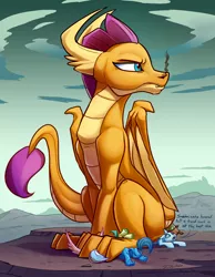 Size: 1703x2200 | Tagged: safe, artist:tsitra360, derpibooru import, gallus, ocellus, sandbar, silverstream, smolder, yona, changedling, changeling, dragon, earth pony, gryphon, hippogriff, yak, dragoness, female, giant dragon, greed growth, hoard, image, jpeg, macro, macro/micro, paws, sitting, sitting on, smoke, student six, underfoot