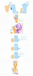 Size: 1280x2951 | Tagged: safe, artist:vio-dacreator, derpibooru import, princess flurry heart, trixie, oc, oc:dazzling lights, alicorn, pony, unicorn, comic, female, filly, grin, hat, image, jpeg, magical threesome spawn, mare, multiple parents, offspring, older, older flurry heart, parent:starlight glimmer, parent:sunburst, parent:trixie, parents:startrixburst, simple background, smiling, top hat, white background