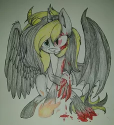 Size: 960x1052 | Tagged: semi-grimdark, artist:juliet-gwolf18, derpibooru import, oc, oc:juliet, unofficial characters only, alicorn, hybrid, pony, alicorn oc, bat wings, blood, claws, female, heterochromia, horn, image, jpeg, mare, pyromancy, sitting, solo, traditional art, wings