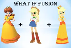 Size: 1280x868 | Tagged: safe, artist:daniotheman, artist:selenaede, artist:sugar-loop, derpibooru import, applejack, human, equestria girls, apple daisy, barely eqg related, base used, clothes, crossover, crown, dress, ear piercing, earring, female, fusion, gloves, gown, hands on hip, image, jewelry, nintendo, piercing, png, princess applejack, princess daisy, regalia, super mario bros., yellow dress