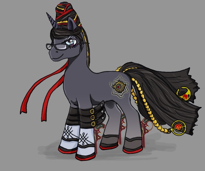 Size: 729x609 | Tagged: safe, artist:chaos-dark-lord, derpibooru import, ponified, pony, unicorn, bayonetta, bayonetta (character), clothes, crossover, glasses, gloves, gun, high heels, image, jpeg, shoes, umbra witch, weapon