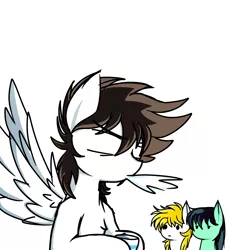 Size: 1500x1500 | Tagged: safe, artist:ktk's sky, derpibooru import, earth pony, pegasus, pony, cup, hyoga, image, male, png, saint seiya, seiya, shiryu, spit take, spray, spread wings, surprised, water, wingboner, wings