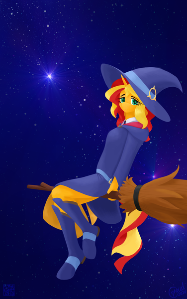 Size: 1440x2300 | Tagged: safe, artist:alicorn-without-horn, derpibooru import, sunset shimmer, anthro, unguligrade anthro, unicorn, broom, clothes, crossover, diana cavendish, female, flying, flying broomstick, hat, image, little witch academia, night, night sky, png, sky, solo, stars, witch, witch hat