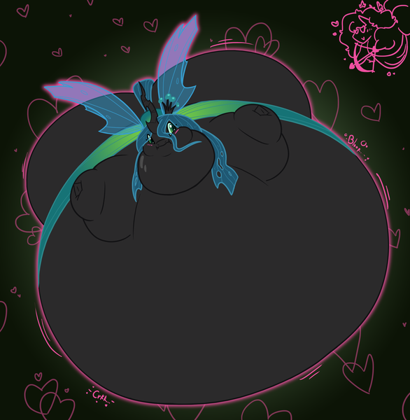 Size: 2432x2492 | Tagged: questionable, artist:queenfrau, derpibooru import, queen chrysalis, changeling, pony, belly, belly bed, big belly, bingo wings, blimp, blushing, butt, changeling overfeeding, fat, female, floating, floating heart, heart, holiday, huge belly, huge butt, image, immobile, impossibly large belly, impossibly large butt, impossibly large everything, inflation, large butt, morbidly obese, neck roll, obese, png, puffy cheeks, queen chrysalard, solo, solo female, valentine's day