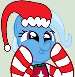 Size: 793x810 | Tagged: safe, artist:jadethepegasus, artist:kingbases, derpibooru import, trixie, pony, unicorn, base used, christmas, clothes, cute, diatrixes, female, gray background, hat, holiday, image, mare, png, raised hoof, santa hat, simple background, so awesome, socks, solo, striped socks, sweater