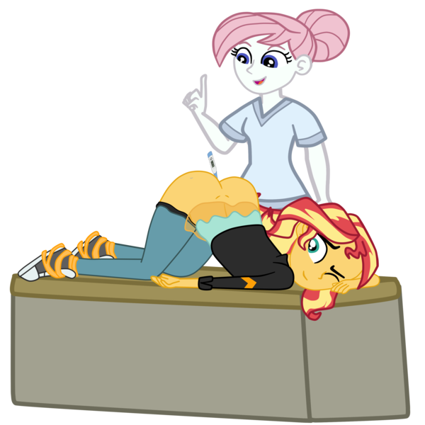 Size: 2952x2952 | Tagged: suggestive, artist:gmaplay, derpibooru import, part of a set, nurse redheart, sunset shimmer, equestria girls, equestria girls series, spoiler:eqg series (season 2), anal insertion, ass, bunset shimmer, butt, clothes, converse, face down ass up, image, insertion, nurse, nurse outfit, png, rectal thermometer, scrubs (gear), shoes, simple background, transparent background