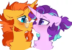 Size: 513x361 | Tagged: safe, artist:mirtash, derpibooru import, starlight glimmer, sunburst, pony, unicorn, blaze (coat marking), blushing, bust, chest fluff, cute, female, floppy ears, freckles, glasses, glimmerbetes, image, looking at each other, male, png, shipping, starburst, straight, sunbetes, sunburst's glasses, tongue out