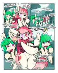 Size: 2850x3600 | Tagged: safe, artist:bbsartboutique, derpibooru import, oc, oc:blood moon, oc:cloud skipper, oc:sky rider, unofficial characters only, bat pony, pegasus, pony, comic:home is where the haunt is, backpack, bat pony oc, bat wings, blind eye, comic, dialogue, ear piercing, earring, fog, forest, image, jewelry, lip piercing, one eye closed, open mouth, pegasus oc, piercing, png, ponytail, tree, twins, wings, wink