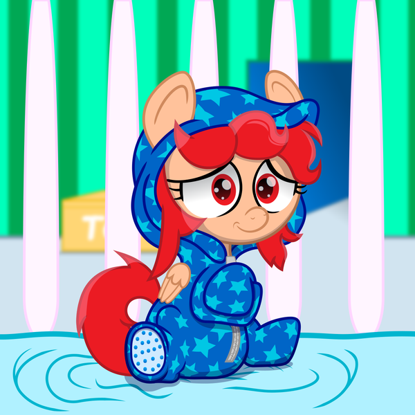 Size: 1250x1250 | Tagged: safe, artist:spellboundcanvas, derpibooru import, oc, oc:ginger ferrochrome, pegasus, pony, clothes, crib, diaper, female, filly, footed sleeper, footie pajamas, image, onesie, pajamas, png, solo, young