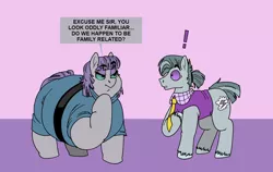 Size: 1544x974 | Tagged: safe, artist:monterrang, derpibooru import, maud pie, earth pony, pony, my little pony: pony life, colored sclera, duo, exclamation point, fat, female, image, male, mare, maud pudge, obese, octavio pie, png, speech bubble, stallion