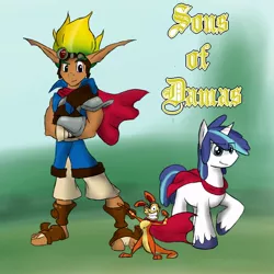 Size: 800x800 | Tagged: safe, artist:sanyo2100, derpibooru import, shining armor, fanfic, clothes, crossover, daxter, fanfic art, image, jak, jak and daxter, jpeg, pwny-verse, scarf