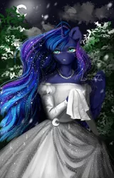 Size: 3200x5000 | Tagged: safe, artist:livitoza, derpibooru import, princess luna, alicorn, anthro, clothes, crescent moon, dress, female, flower, image, jewelry, moon, necklace, png, solo