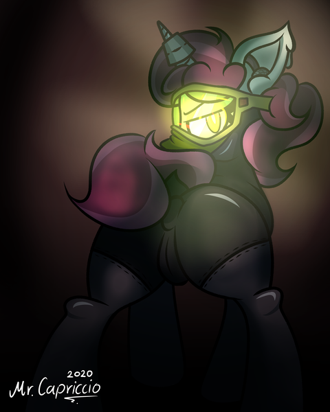 Size: 3000x3750 | Tagged: questionable, artist:mrcapriccio, derpibooru import, oc, oc:dolce spiaro, unofficial characters only, pony, unicorn, ass, butt, cameltoe, clothes, dark, female, fetish, googly eyes, high res, image, looking at you, looking back, mare, png, presenting, rear view, simple background, solo, spy, suit, tail, tight clothing