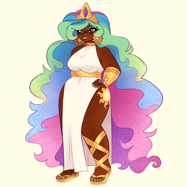 Size: 2480x2480 | Tagged: safe, artist:pandemiamichi, derpibooru import, princess celestia, human, clothes, dark skin, dress, humanized, image, png, side slit, simple background, solo