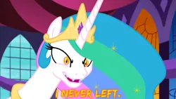 Size: 1920x1080 | Tagged: safe, artist:knightoftheraven, derpibooru import, edit, edited screencap, editor:knightoftheraven, screencap, daybreaker, princess celestia, alicorn, pony, canterlot castle, colored, dialogue, english, evil grin, fangs, female, flat colors, glowing eyes, grin, image, inkscape, jewelry, mare, png, regalia, show accurate, smiling, solo, vector, wallpaper