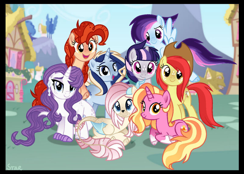 Size: 1280x915 | Tagged: safe, artist:star-gaze-pony, derpibooru import, luster dawn, oc, oc:apple spice, oc:asteria glimt, oc:chili con carnival, oc:concord, oc:dashing aurora, oc:sparking wave, oc:spectra, dracony, dragon, earth pony, hybrid, pegasus, pony, unicorn, female, image, interspecies offspring, jpeg, lying down, mare, offspring, parent:applejack, parent:caramel, parent:cheese sandwich, parent:discord, parent:flash sentry, parent:fluttershy, parent:pinkie pie, parent:rainbow dash, parent:rarity, parent:soarin', parent:spike, parent:twilight sparkle, parents:carajack, parents:cheesepie, parents:discoshy, parents:flashlight, parents:soarindash, parents:sparity, prone