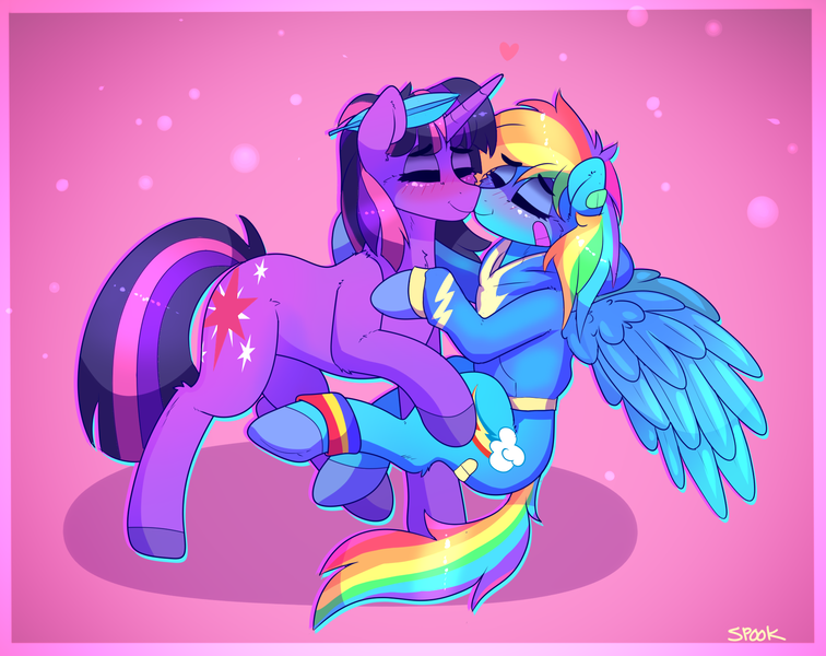 Size: 1731x1374 | Tagged: safe, artist:aaa-its-spook, derpibooru import, rainbow dash, twilight sparkle, pegasus, pony, unicorn, backwards cutie mark, bandaid, blushing, feather, female, image, lesbian, png, shipping, twidash, unicorn twilight