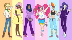 Size: 1280x704 | Tagged: safe, artist:cimicherrychanga, derpibooru import, applejack, fluttershy, pinkie pie, rainbow dash, rarity, twilight sparkle, human, asexual pride flag, bisexual, bisexual pride flag, boots, bow, clothes, converse, dark skin, diversity, dress, fingernails, gender headcanon, hair bow, headcanon, hijab, humanized, image, jeans, jpeg, lgbt headcanon, mane six, midriff, nonbinary, nonbinary pride flag, notebook, pansexual, pants, pigtails, pride, pride flag, sexuality headcanon, shirt, shoes, shorts, suit, sweatband, sweatpants, transgender pride flag, t-shirt, twintails