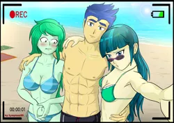 Size: 7016x4961 | Tagged: suggestive, artist:symptom99, derpibooru import, flash sentry, juniper montage, wallflower blush, equestria girls, abs, absurd resolution, arm around back, arm around neck, beach, bedroom eyes, belly button, bikini, blushing, breasts, busty wallflower blush, cleavage, clothes, female, flash sentry gets all the waifus, flex sentry, girlfriend, image, junipersentry, lidded eyes, looking at you, loose hair, male, male nipples, muscles, muscular male, nipples, nudity, pecs, png, polyamory, selfie, shipping, straight, swimsuit, wallsentry